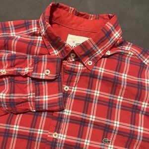 Lacoste Men Shirt Size 39 US‎ Small S Regular Fit Gingham Plaid Red Button Down